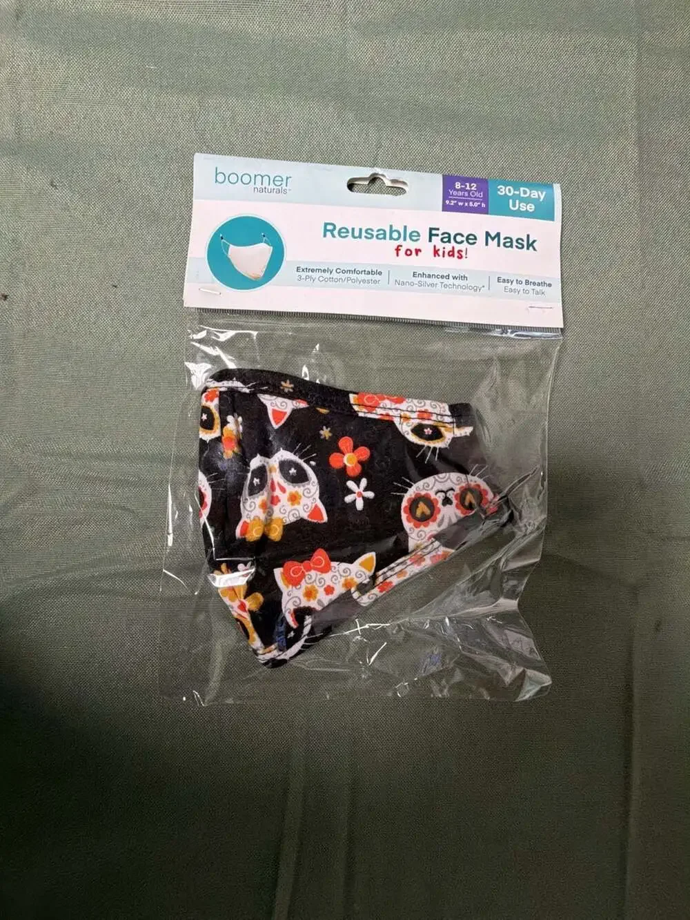 Boomer Naturals Reusable Face Mask for Kids Sugar Skull Cat Print 8-12 Years Old